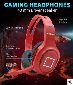 KOMC® Ενσύρματα Gaming Ακουστικά Κεφαλής On Ear με Μικρόφωνο - Λειτουργία Μείωσης Θορύβου & Σύνδεση 3.5mm P6 σε Διάφορα Χρώματα