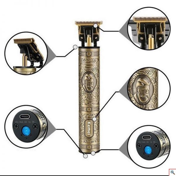 Kemei® Επαγγελματική Κουρευτική Μηχανή 5W Επαναφορτιζόμενη Ρυθμιζόμενου Μήκους Κοπής με Βουρτσάκι - Χρυσή με Ανάγλυφα Σχέδια