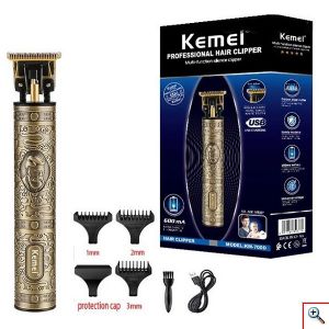 Kemei® Επαγγελματική Κουρευτική Μηχανή 5W Επαναφορτιζόμενη Ρυθμιζόμενου Μήκους Κοπής με Βουρτσάκι - Χρυσή με Ανάγλυφα Σχέδια